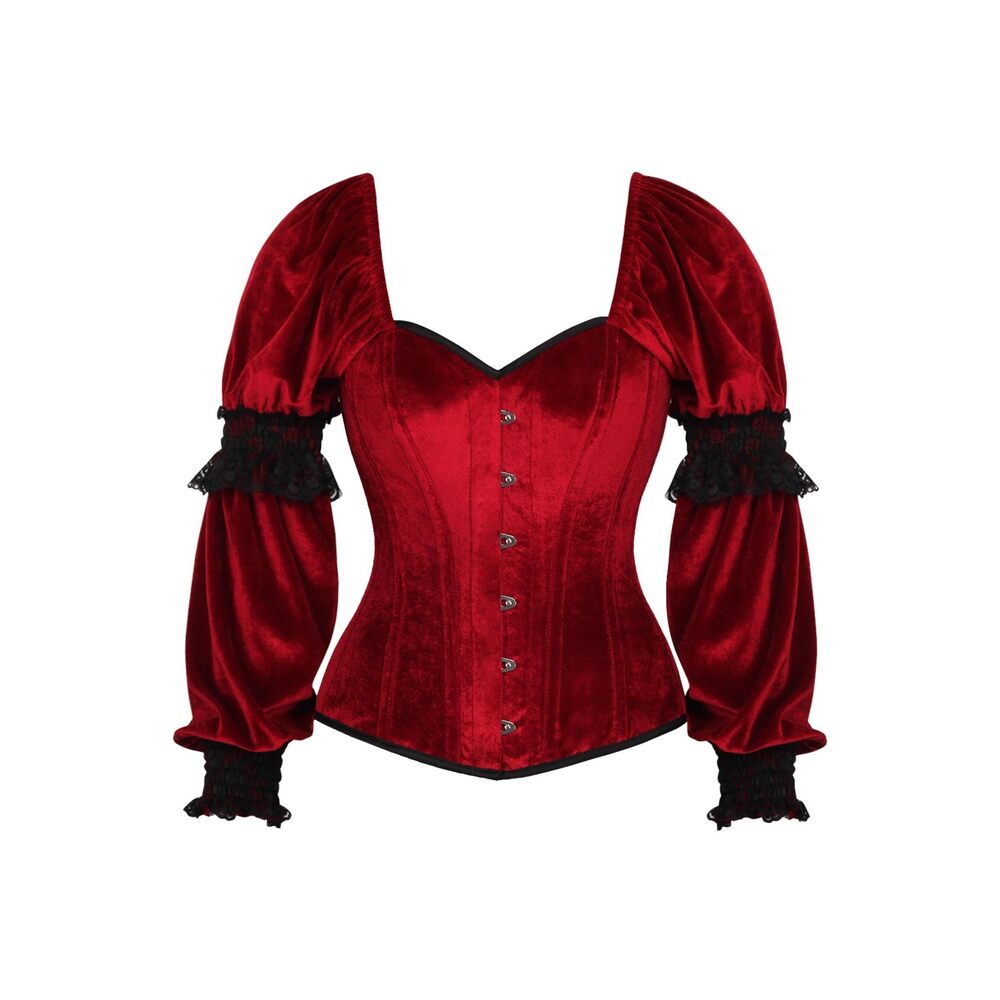 2084 Top Drawer Dark Red Velvet Steel Boned Long Sleeve Corset XLarge